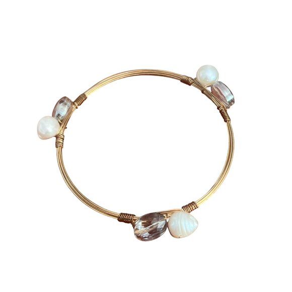 Gold Tone Wire Bangle Bracelet Genuine Pearl Glass Bead Stations Stack 8" - Picture 3 of 4